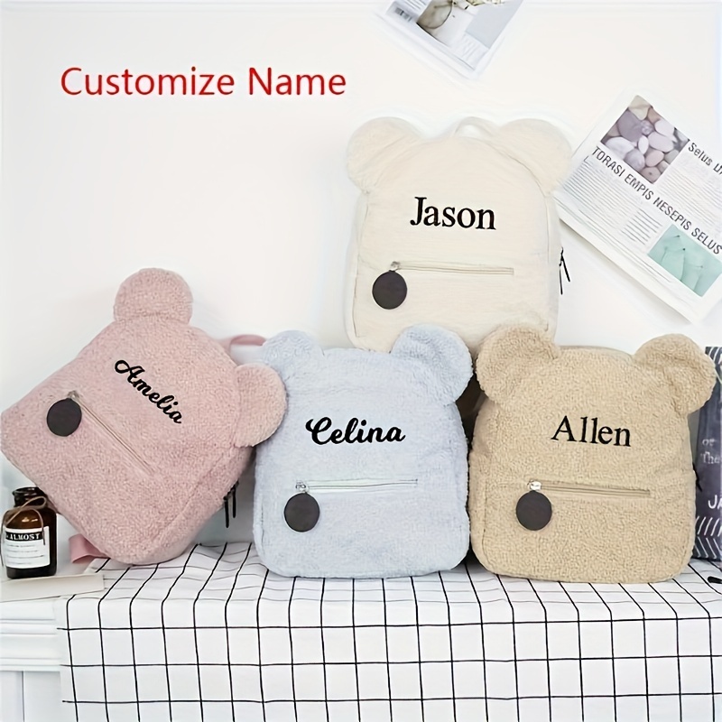 

1pc, Personalized Plush Bear Backpack, Embroidered Name, Cute School Bag, Soft Teddy Style With Zipper Pocket, Customized Gift For Girls