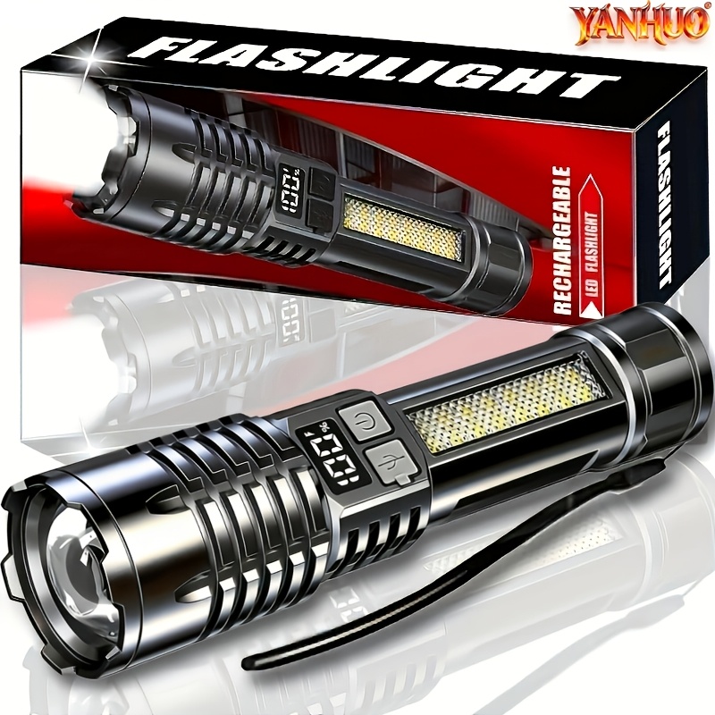   1  bright flashlight type c rechargeable flashlight cob lamp portable retractable hand held flashlight outdoor camping fishing hunting   emergency hiking built in battery ip44