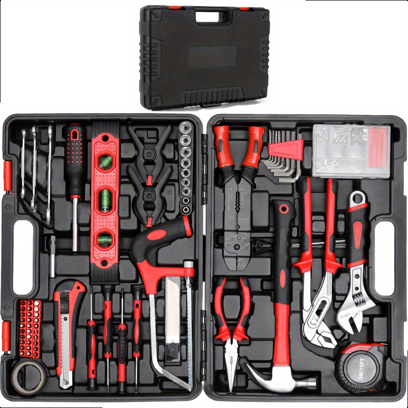 

218 Piece Red Home Tool Kit, General Home Repair Mechanics Tool Set With Portable Toolbox For Home Garage Office College Dormitory Use, Saw Adjustable Wrench Pliers Socket Bits, Plastic Toolbox