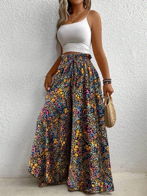 and autumn womens full body floral print high waisted loose fitting elegant wide leg pants