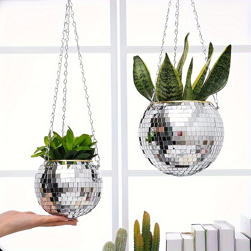 

1pc Bohemian Style Disco Ball Plant Hangers, Plastic Mirror Sphere Hanging Planter With Chain For Indoor And Outdoor Plant Décor