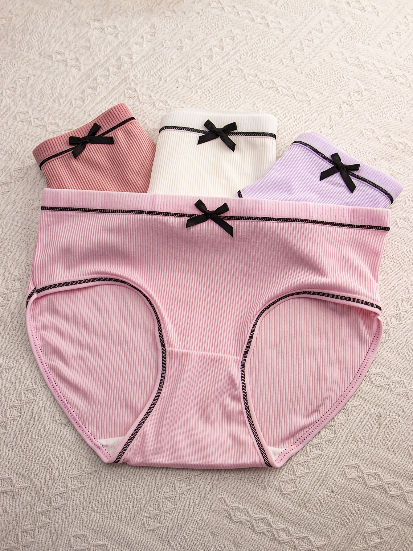 4pcs Women's Mid-Rise Briefs with Chic Bow Detail - Breathable & Comfortable Ribbed Texture in Assorted Colors, Stretchy Polyester Blend, Non-See-Through - Perfect for Casual Attire