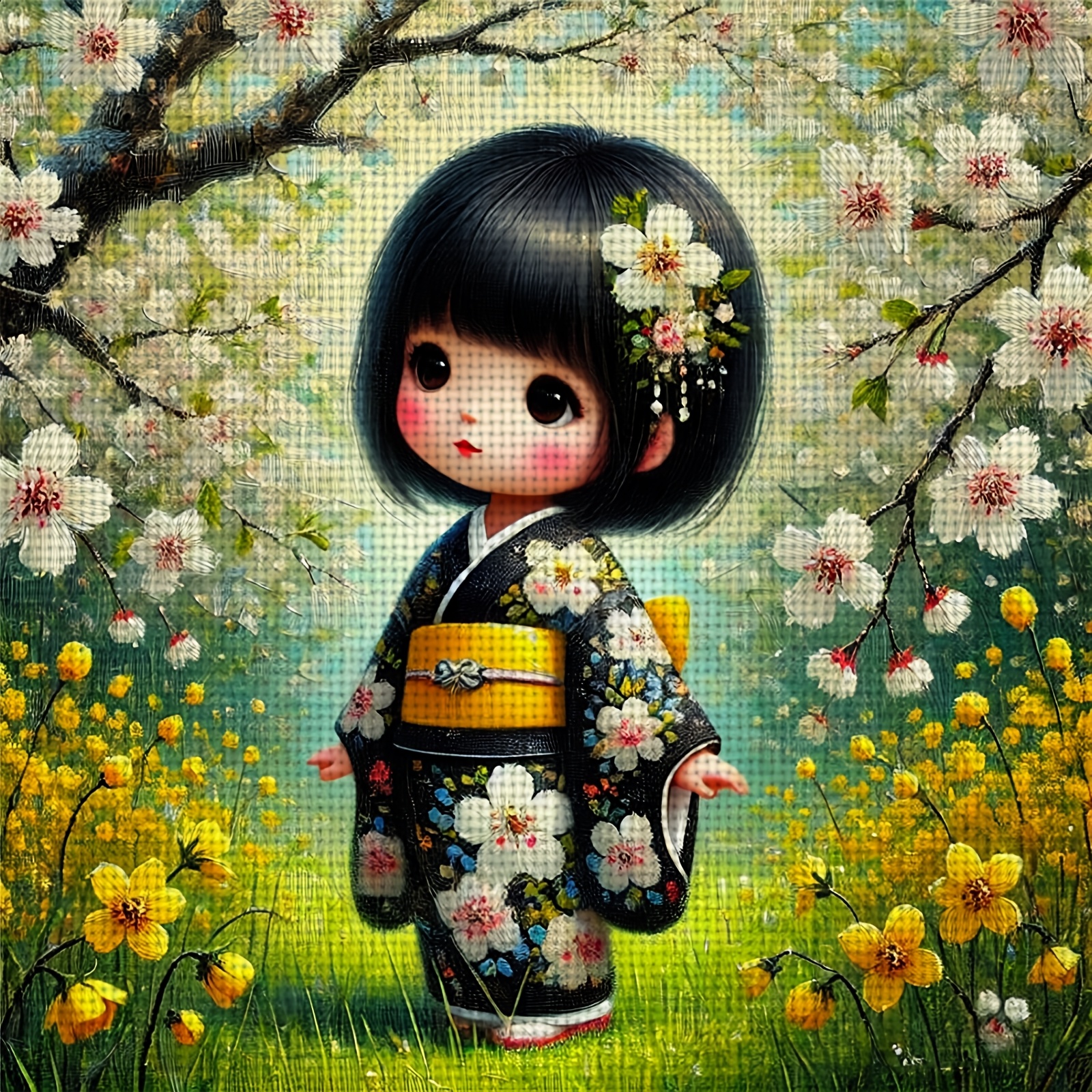 TEMU Un nouveau kit de point de croix imprimé 11CT/14CT intitulé 'Poupée Kimono dans un Océan de Fleurs', idéal pour les débutants adultes en quête