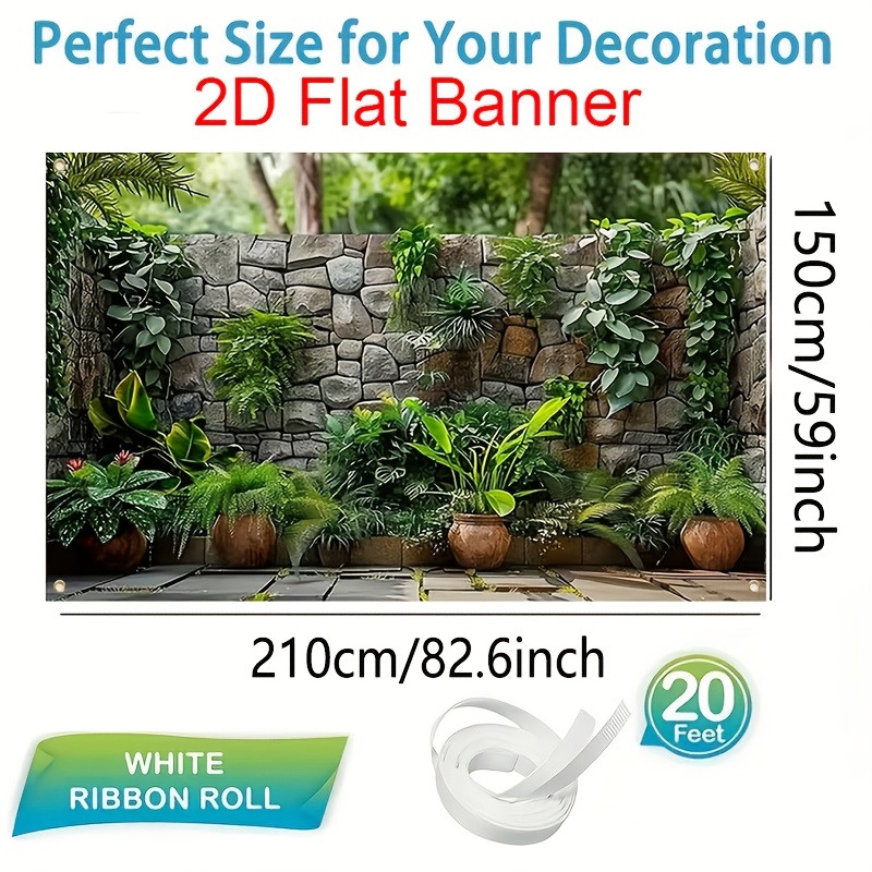 TEMU 2d Flat, 2d Flat, 2d Flat Banner - 1pc, Realistic Climbing Plant Landscape Scene, Polyester Material, With Jungle Greenery, Stone Wall, And