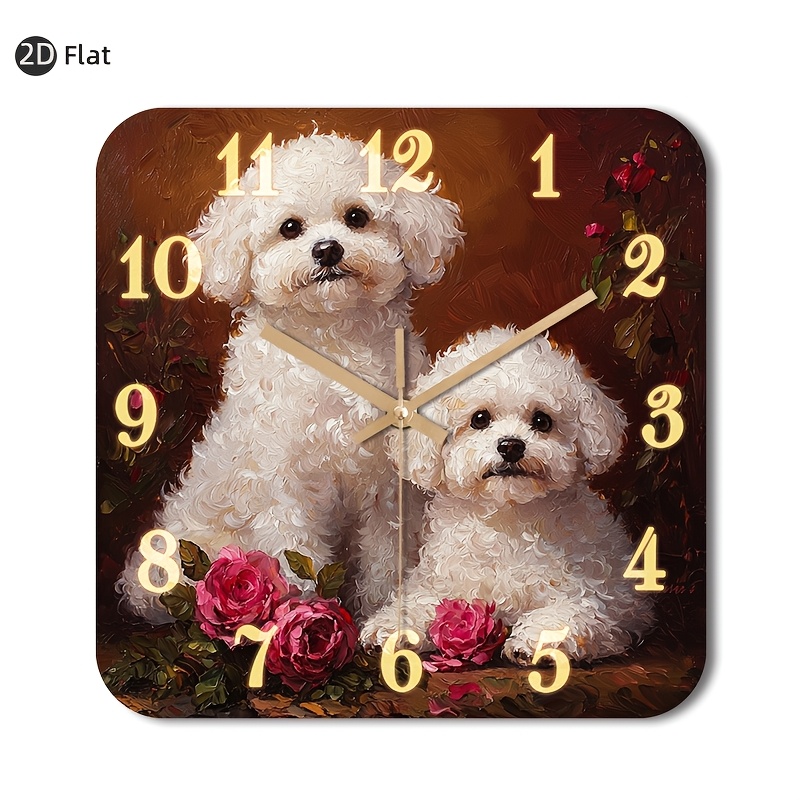 TEMU 1pc, 2d Flat, Wall Clock, Non-ticking Wooden, Decorative Square Clock, 2 Fluffy White Dogs With A Clock Face Overlay And Red Roses, Living Room,