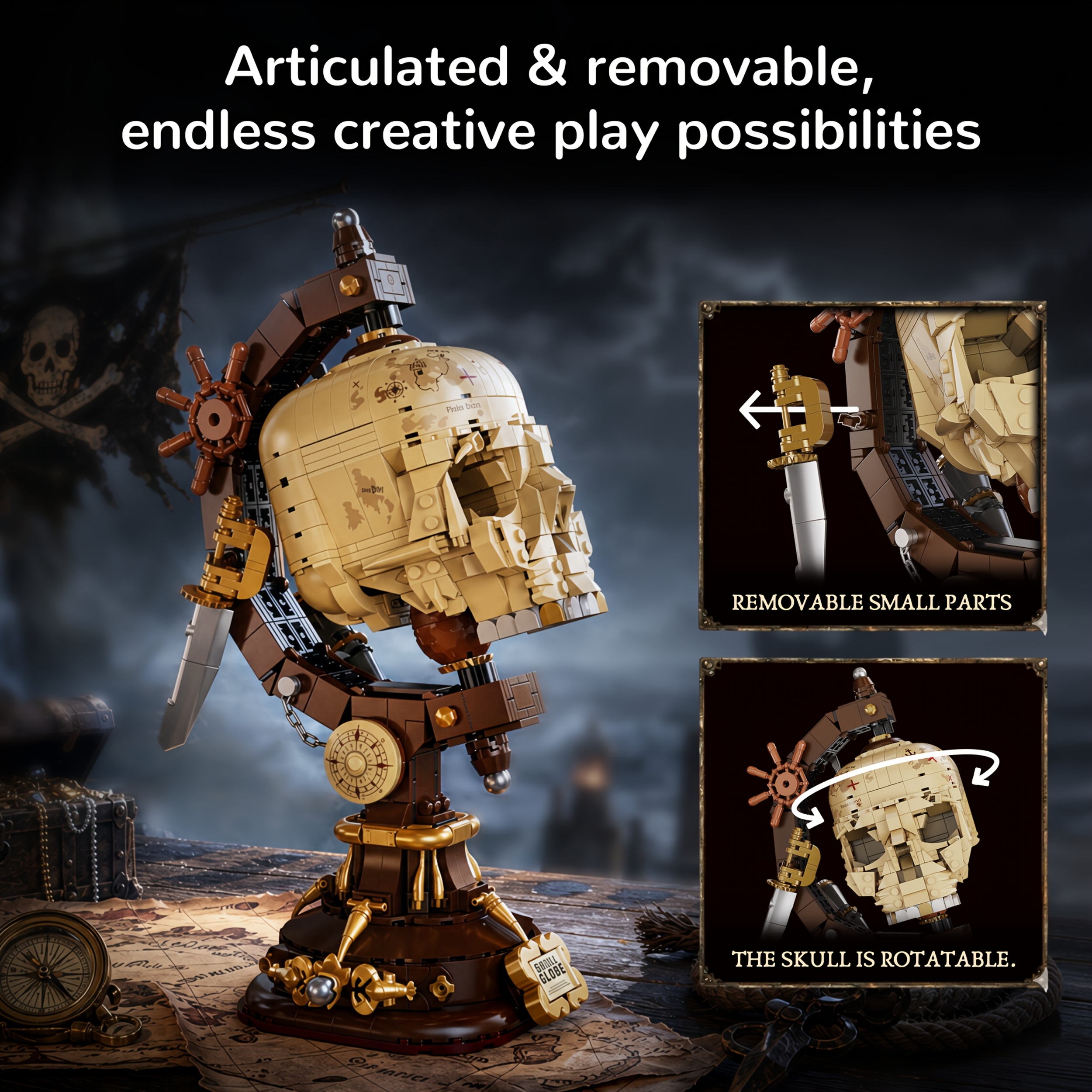 Pirate Skull Building Block Model with Rotatable Features