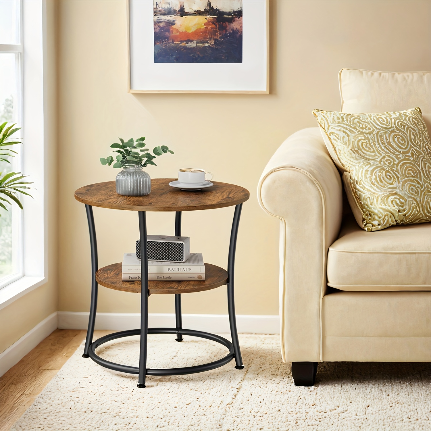 2 tier round side table with sturdy   easy assembly industrial   for living room or bedroom adds depth and storage with shelves table for living room bedroom nightstand   durable construction