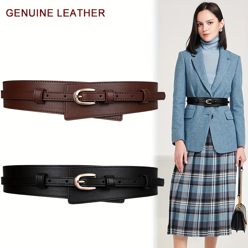 

Pin Buckle Genuine Leather Wide Belts Stylish Solid Color Elegant Waistband Vintage Decorative Dress Coat Girdle For Women