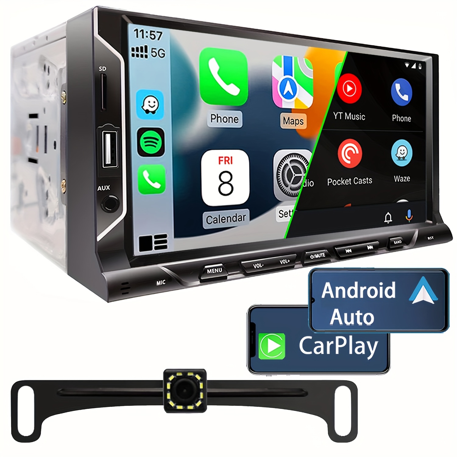 TEMU 7 Inch Double Din Car Stereo Support Carplay Auto Capacitive Touchscreen Monitor With Wireless 5.0, Fm Radio, Usb/tf/aux Port, Backup Camera, Remote Control