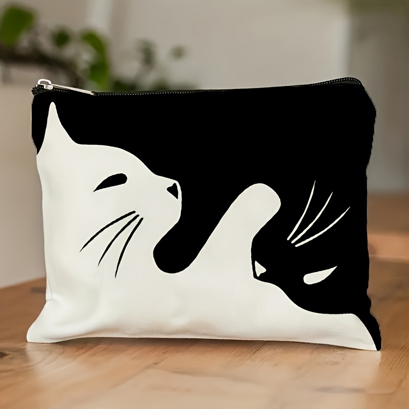 

Chic Black & White Cat Pattern Makeup Bag - Waterproof, Spacious & Foldable With Zipper For Women And Girls - Perfect Travel Grooming Organizer & Unique Gift Idea