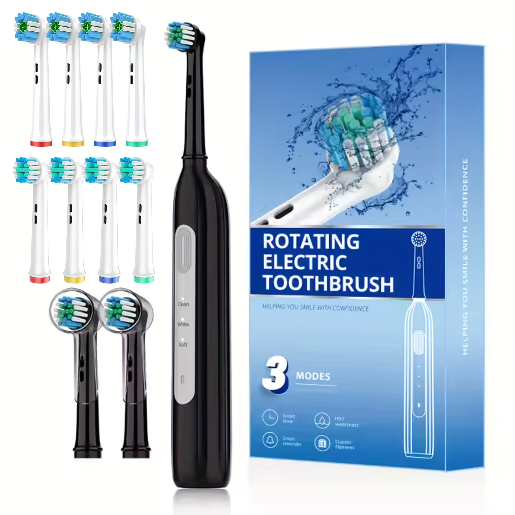 Powerful Rechargeable Electric Toothbrush- Compatible with Oral-B Brush Heads | Includes 10 Long-Lasting Replacement Heads | Ultra-Soft DuPont Bristles | 3 Cleaning Modes | USB-C Fast Charging | IPX7 Waterproof | Great Gift for Family or Travel