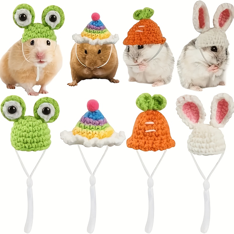 TEMU 4 pièces de Chapeaux Crochets Main : Mini Chapeau pour Animaux, Chapeau Hamster, Casquette Perroquet, Bonnets Tricotés Bordure, Accessoires
