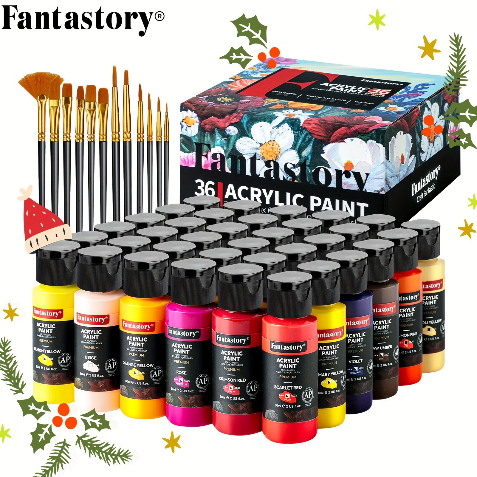 

Fantastory Acrylic Paint Set 36 Colors (2oz/60ml) With 12 Brushes, Professional Craft Paints Kits For Adults, Canvas Wood Fabric Ceramic Rock Painting Supplies