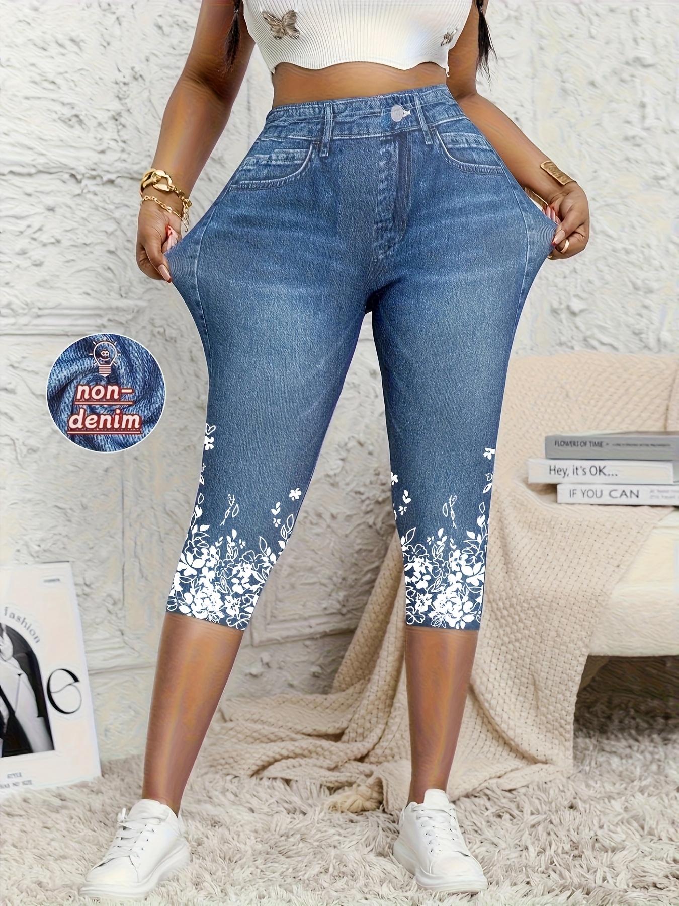 [bedrukte leggings - niet denim stof] dames  -point leggings met een   denim print, nauwsluitende broek