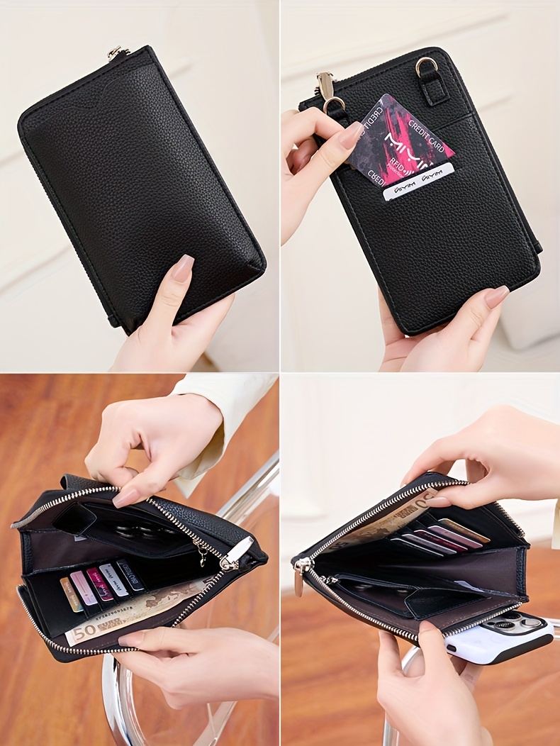 elegant black zipper wallet with adjustable strap lightweight multi compartment design for cards cash and phone ideal for everyday use everyday wallet minimalist wallet zippered closure details 6