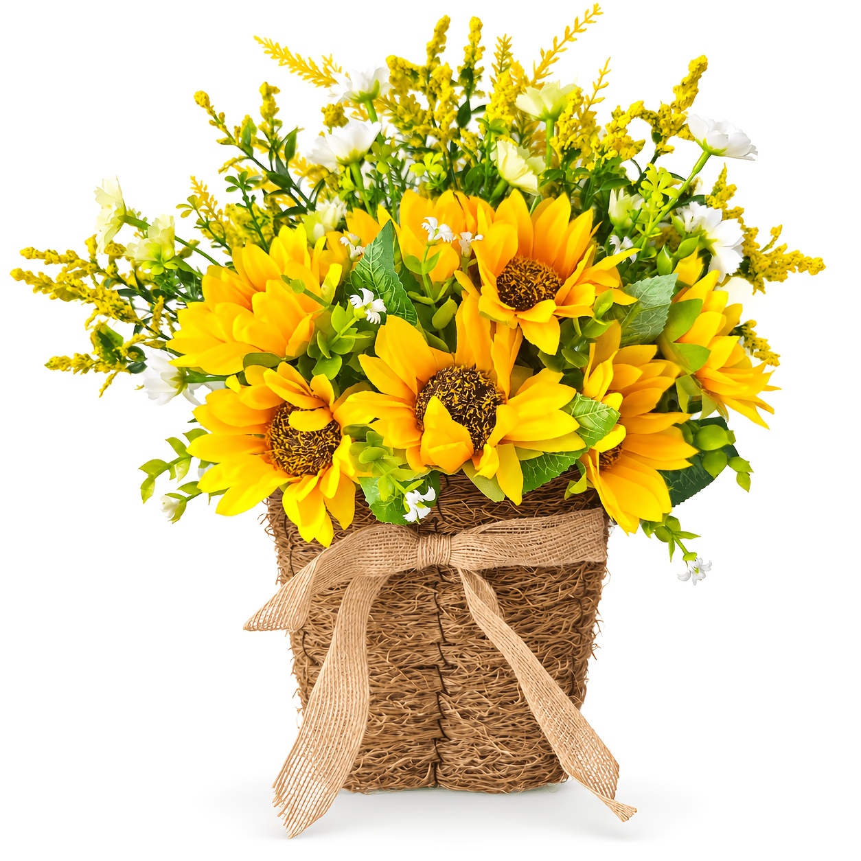 Image of 1pc, 15-inch Sunflower Basket, Artificial Sunflower Wreath, Spring Door Basket, Farmhouse Basket, Suitable For Outdoor Front Door, Indoor Wall Or Window Decoration, Plastic Artificial Flower Basket