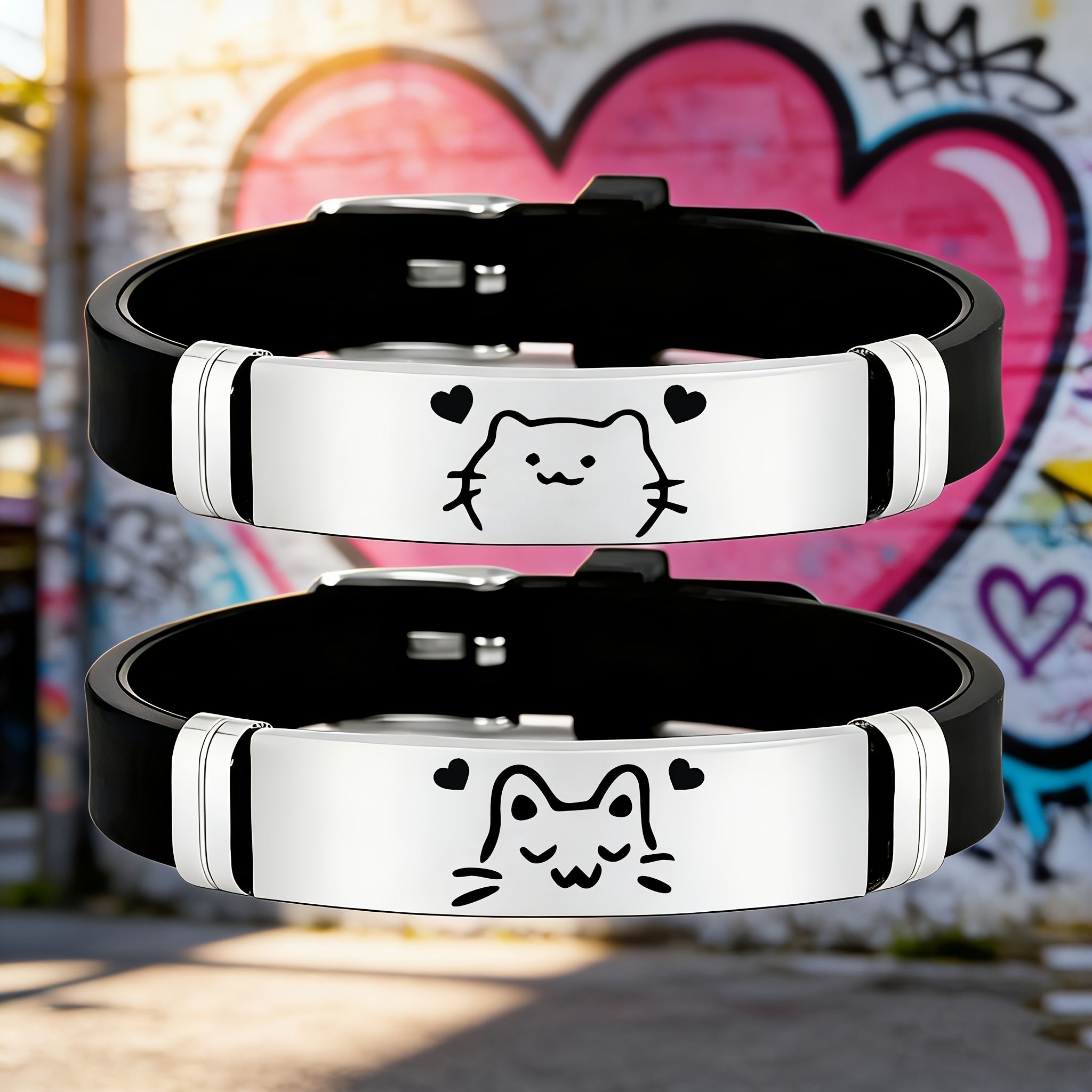 Cute Cat Heart Pattern Stainless Steel Bracelet, Fun Keepsake