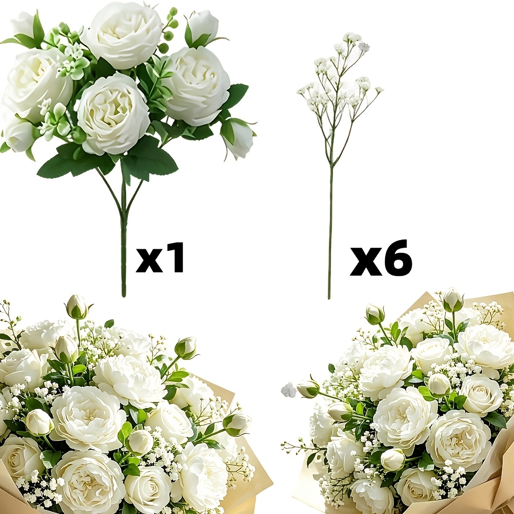 TEMU Ramo de 7 piezas: 1 peonía blanca + 6 gypsophila, peonías artificiales | Adecuado para decoración del hogar interior/exterior, arreglos de boda,