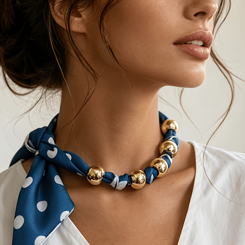 TEMU Foulard de cou avec 5 décorations de perles dorées, motif color block à et bandana décoratif pour , couvre-cou pour dissimuler, accessoire de
