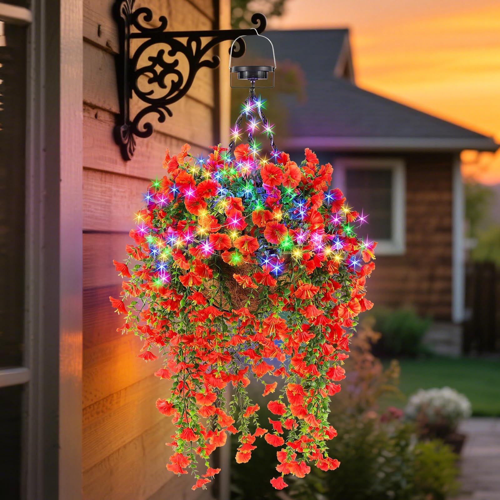 TEMU 1pc Solar Hanging Flower Basket Lights Outdoor Artificial Red Flowers Multi Color Fairy String Lights For Porch Patio Garden