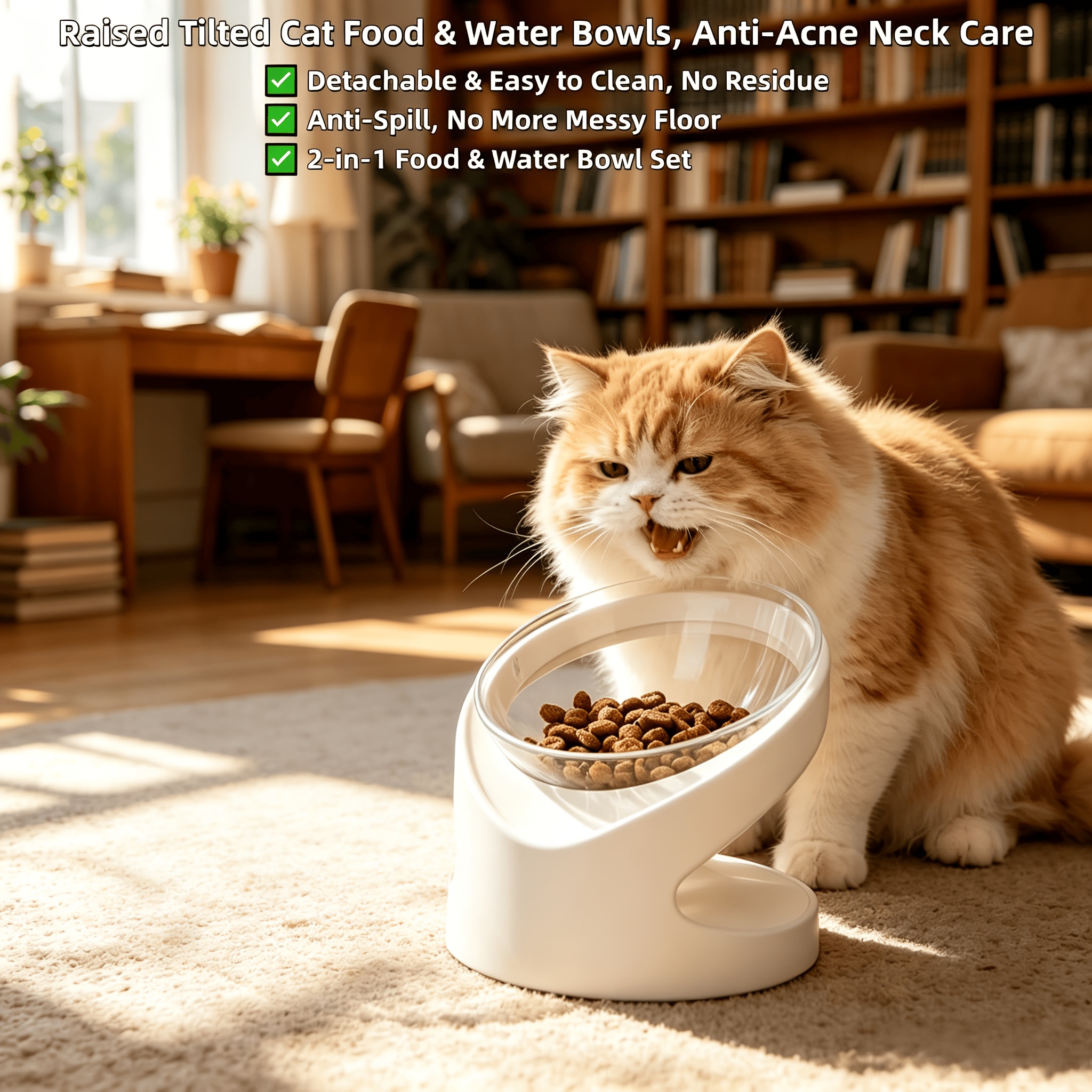 Tilted Neck-Protection Pet Bowl Set with Anti-Splash Bib