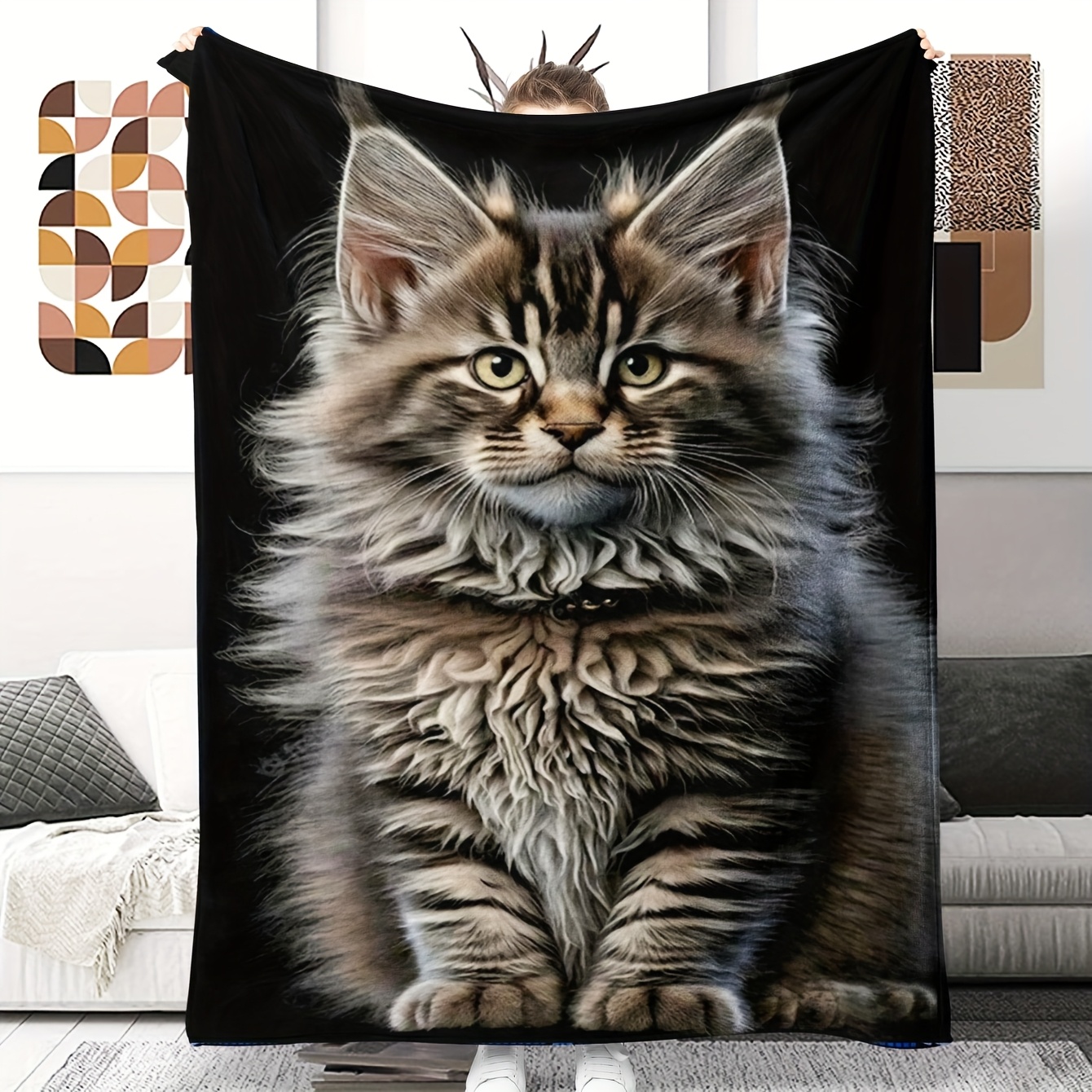 TEMU Уютно Черно Одеяло от Фланел с Изображение на Мейн Котка - Меко, Топло и Универсално за Диван, Легло, Офис и Пътуване - Комфорт за Всички Сезони