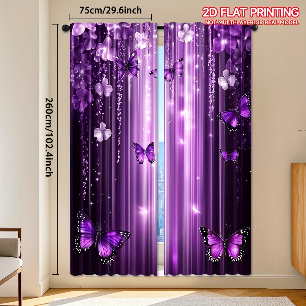 TEMU 2d Flat - 2d Flat - Set Of 2, 2d Printed Curtains Featuring A Purple And Made Of Polyester. Light-filtering Curtains With A Rod Are Perfect For