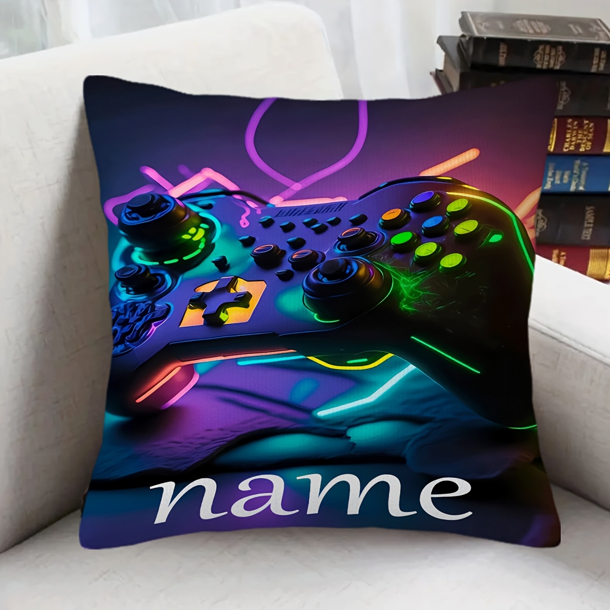 TEMU 1pc Customizable Gaming Pillow Cover - Neon Game Controller Design, Soft Plush Fabric, Zipper Closure, Machine Washable - Personalized Name Gift