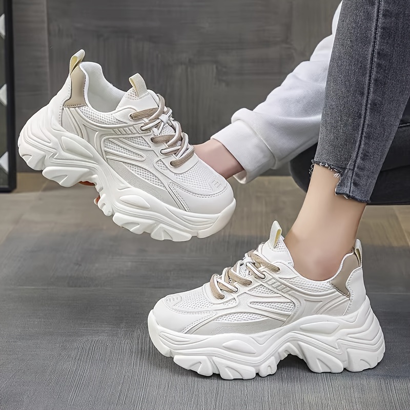 women   sports shoes   trendy style clunky   mesh breathable thick sole increase high gym sneakers