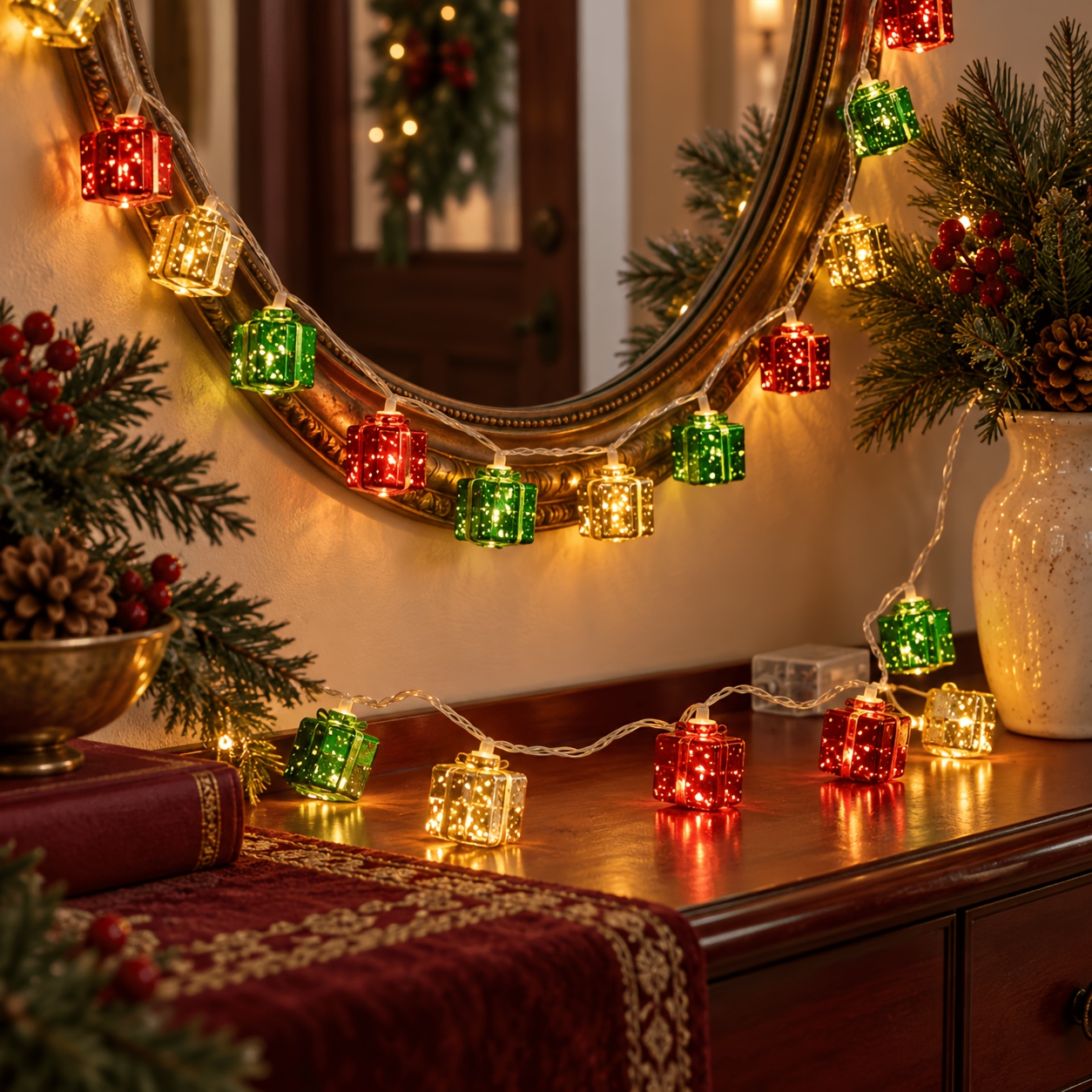 TEMU 18pcs Led Fairy Lights With Warm Suitable For Christmas Tree, Tabletop & Wall Decorations - Golden, Red & Green Ornament String Lights, Plastic