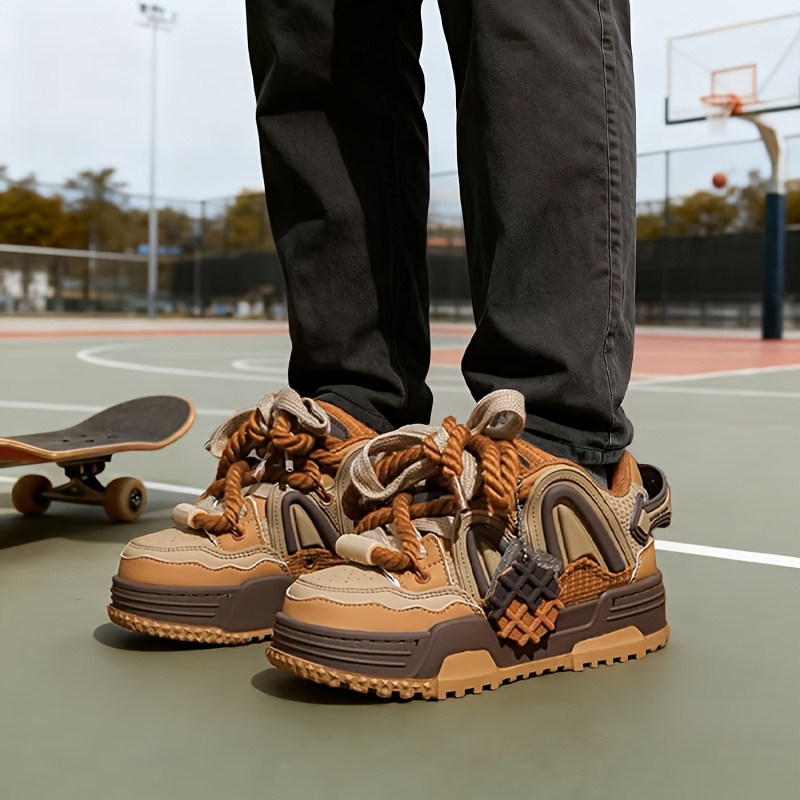 Skate Shoes Platform Sneakers Unisex Skate Shoes - Brown & Black Platform Sneakers with Lace-Up Closure, Breathable Microfiber Upper & Durable TPR Sole for Casual Wear, Sports, and Outdoor Activities