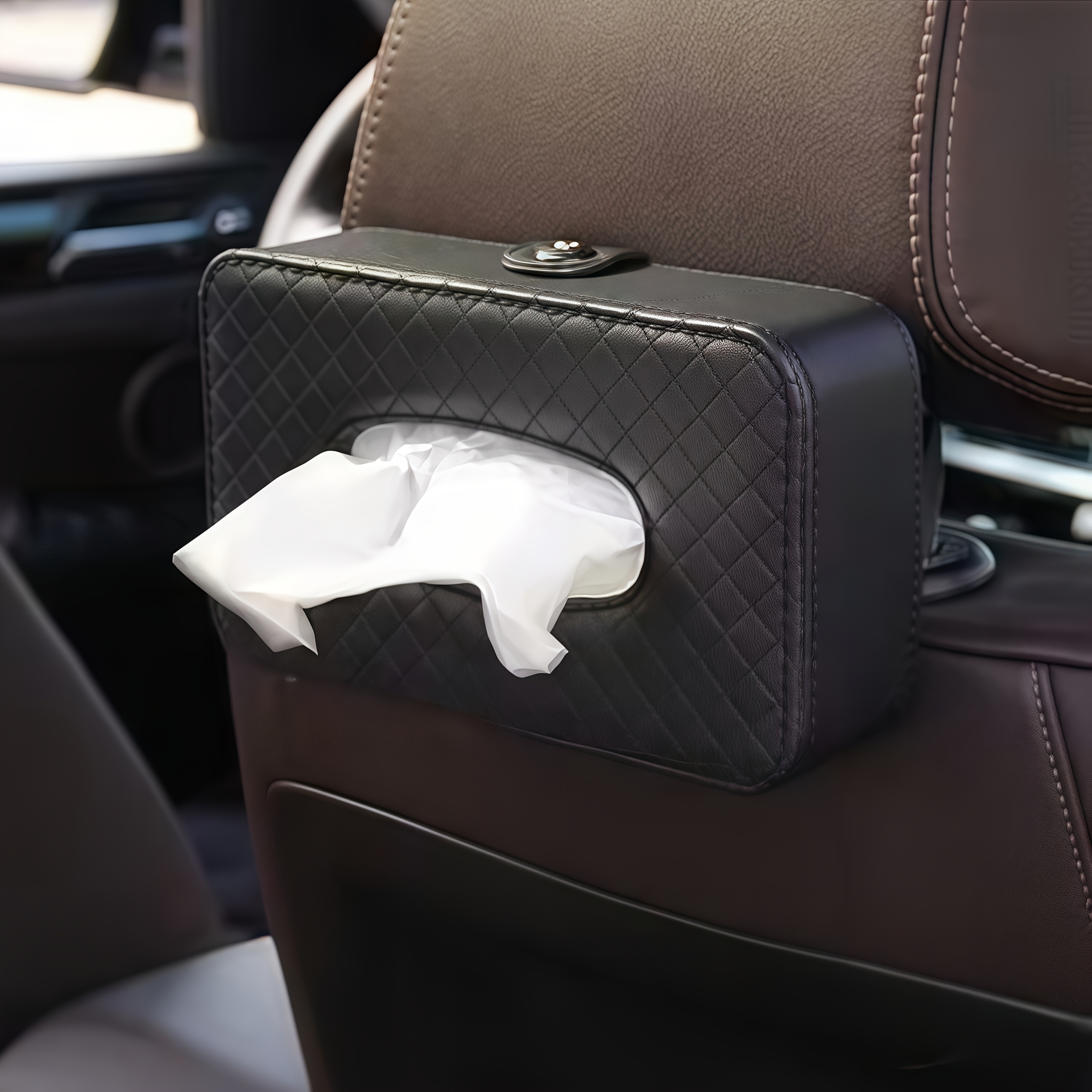 1pc car strap style checkered tissue box strap design pu leather     view car interior storage decoration multifunctional seat tissue box suitable for all cars Product details 4