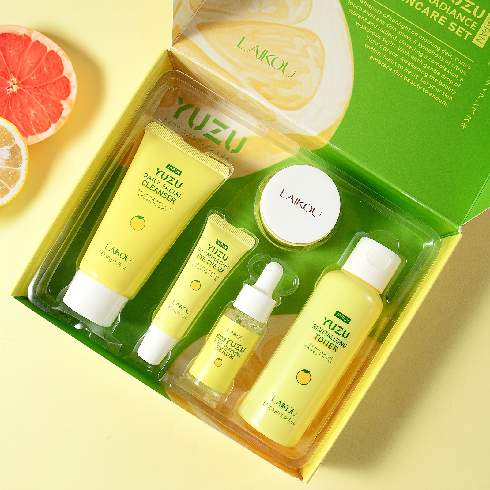 LAIKOU YUZU Njega lica svijetlo bež set od 5 komada, dnevna i noćna hidratantna krema 0.88oz, čistač 1.76oz, tonik 3.38fl.oz, krema za oči 0.53oz, serum 0.59fl.oz, s vitaminom C i niacinamidom – idealan rođendanski poklon za djevojku, sestru, majku