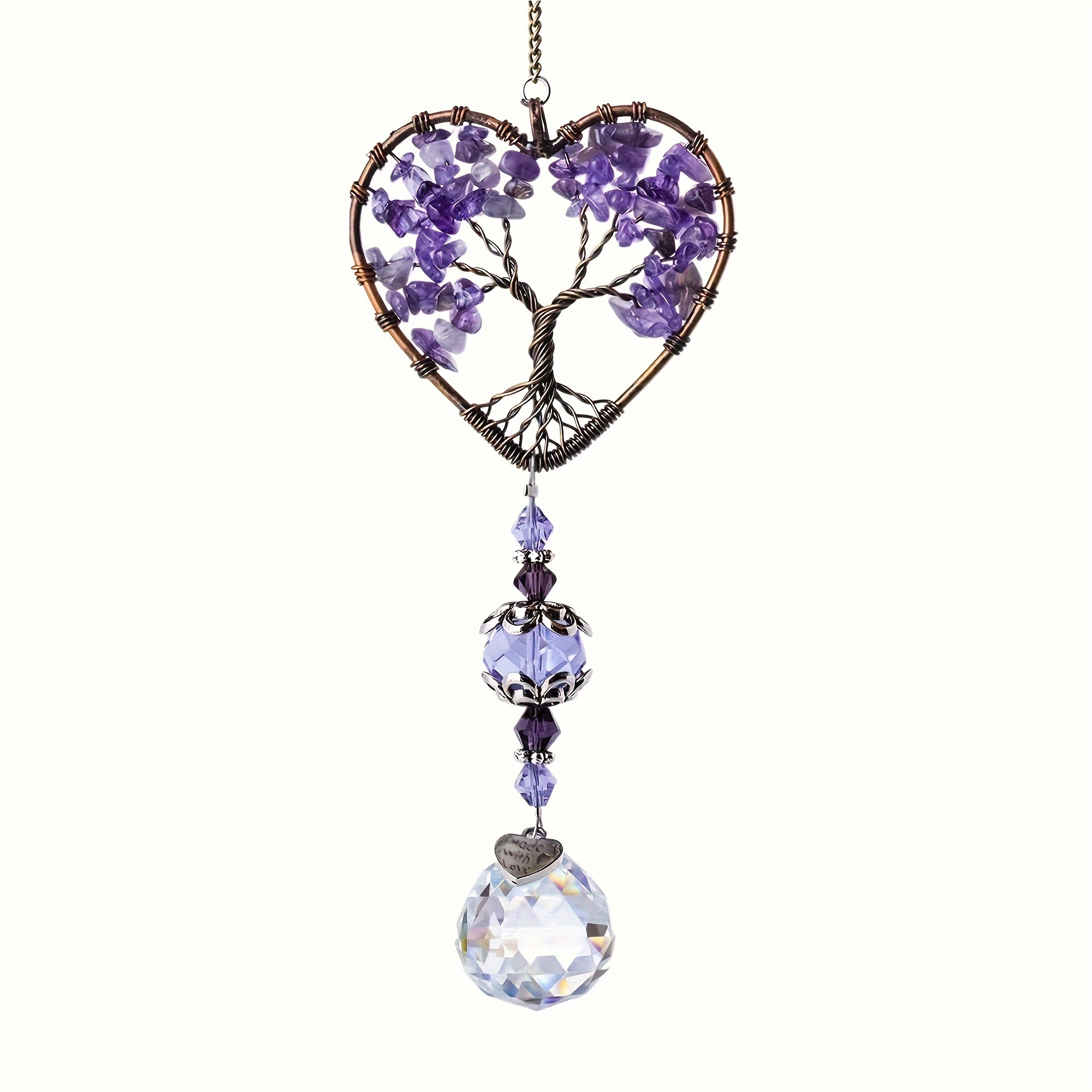 

1pc Amethyst Heart-shaped Tree Of Life Sun - Natural Stone Pendant For Home, Garden, And Car Decor - Perfect Day & Christmas Gift