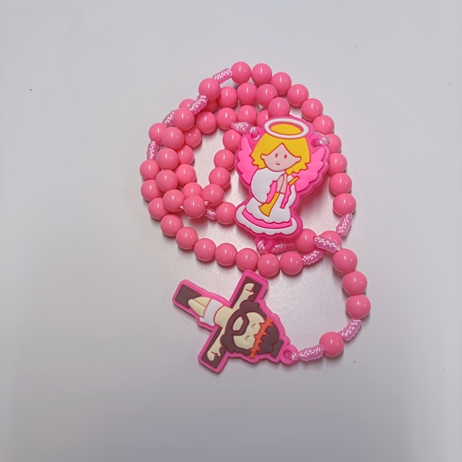 Pink Prayer Beads with Simple Rosary Cross Pendant, Gift