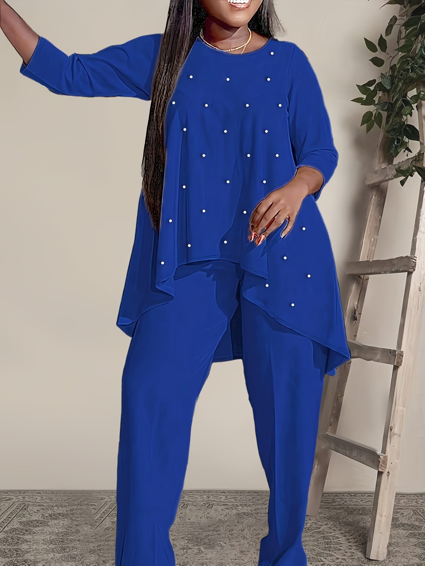 Royal blue plus size pants suits hotsell