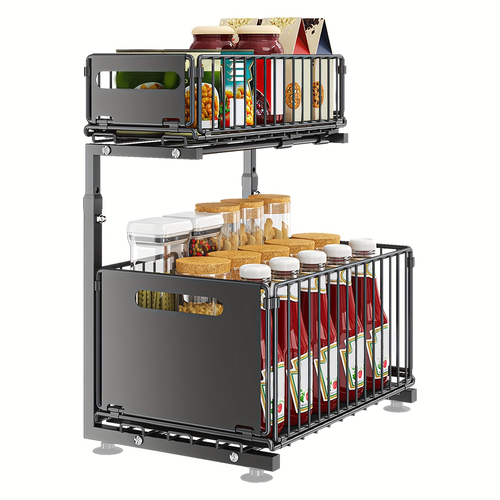 TEMU Adjustable L-shaped Pull-out Storage Basket - Foldable Iron Organizer For Kitchen Cabinets, Under Sink & Bathroom, Lifting, Cabinet Storage Rack