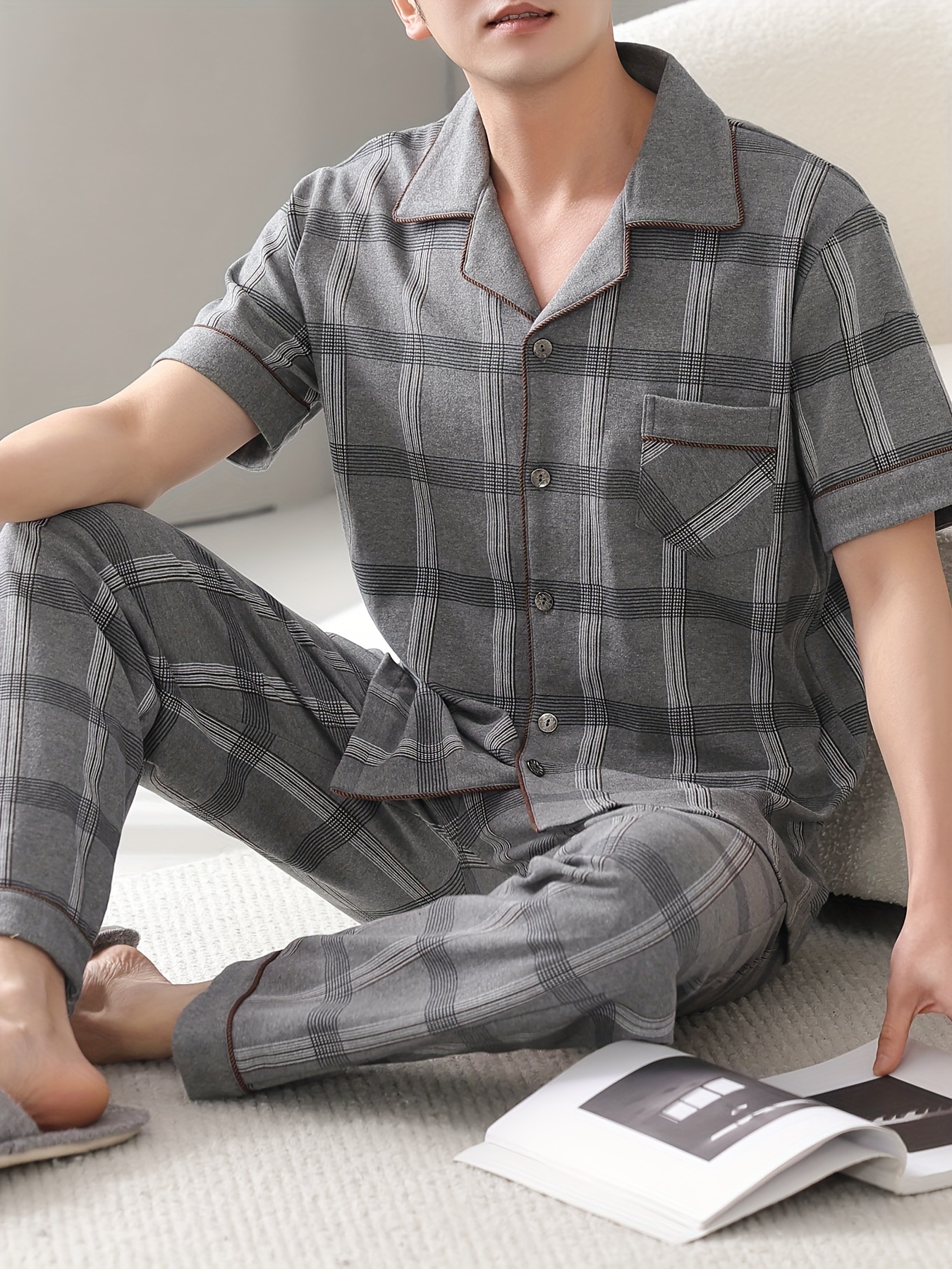 Men's Cotton Pajama Set - Lightweight, Breathable Summer Sleepwear with Short Sleeve Button-Up Top & Long Pants, Plus Size Available