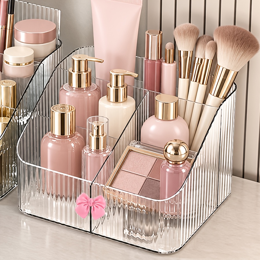 TEMU 2pcs/set [striped Storage ] Transparent Ribbed Makeup Organizer, Multi-compartment Acrylic Makeup Rack, Vertical Divider Vanity Organizer