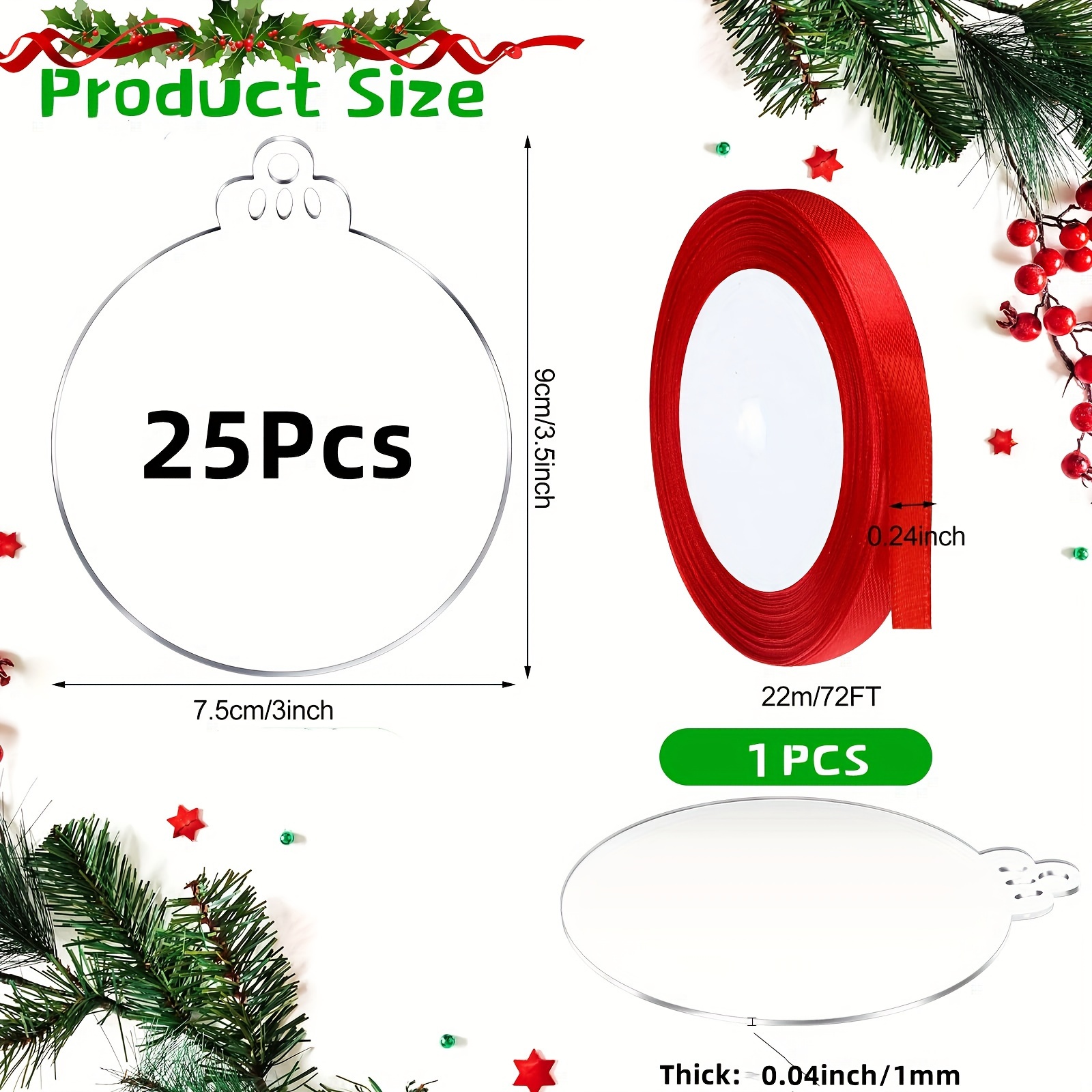 Image of 25pcs/60pcs, Round Blank Acrylic Pendants, Blank Hand Painted Pattern Pendants, For Halloween Christmas Diy Decors Home Decors Jewelry Accessories Production--with Red Ribbon
