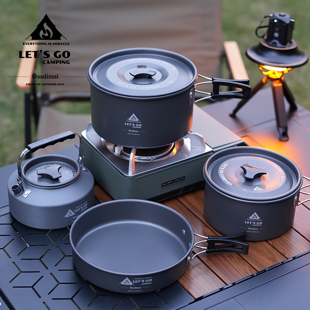 

4pièces Ensemble de cuisson de camping en d'aluminium, kit de cuisson portable pour l'extérieur, avec cuisinière, poêle, bouilloire, universelle, adapté à la randonnée, au -, au camping