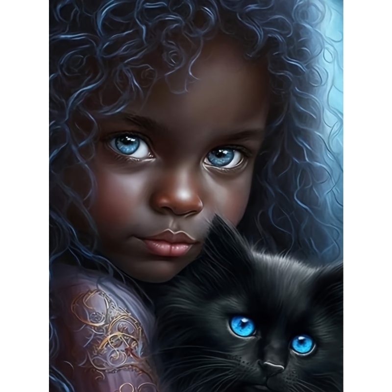 

African Girl & Cat 5d Diamond Painting Kit, 11.8x15.75in, Full Round Drill Art Craft, Mosaic Wall Decor, Perfect Spring Graduation Gift