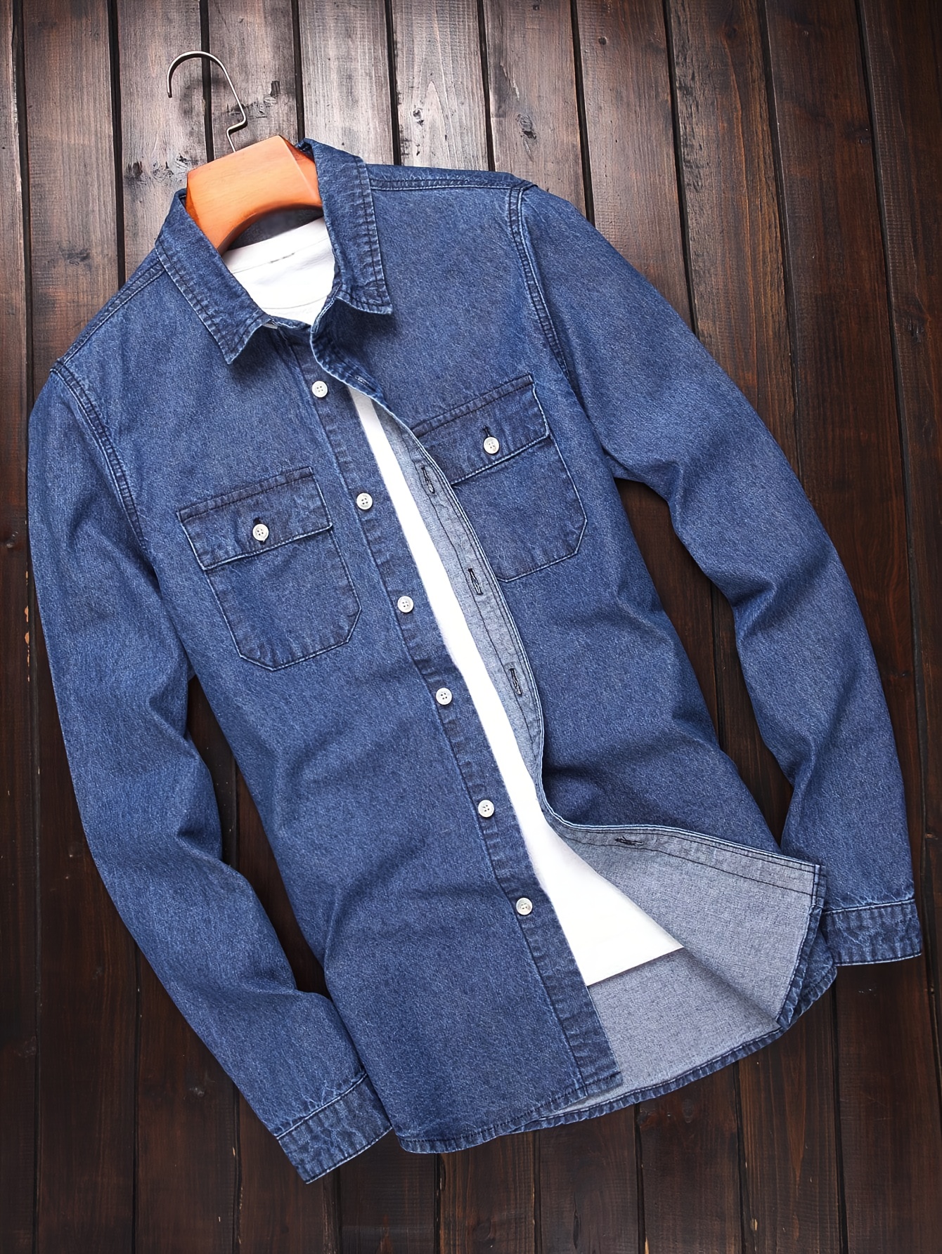 Men's Fashion Spring/Autumn Denim Shirt Jacket, Washed Denim Medium + Enzyme Softening Process