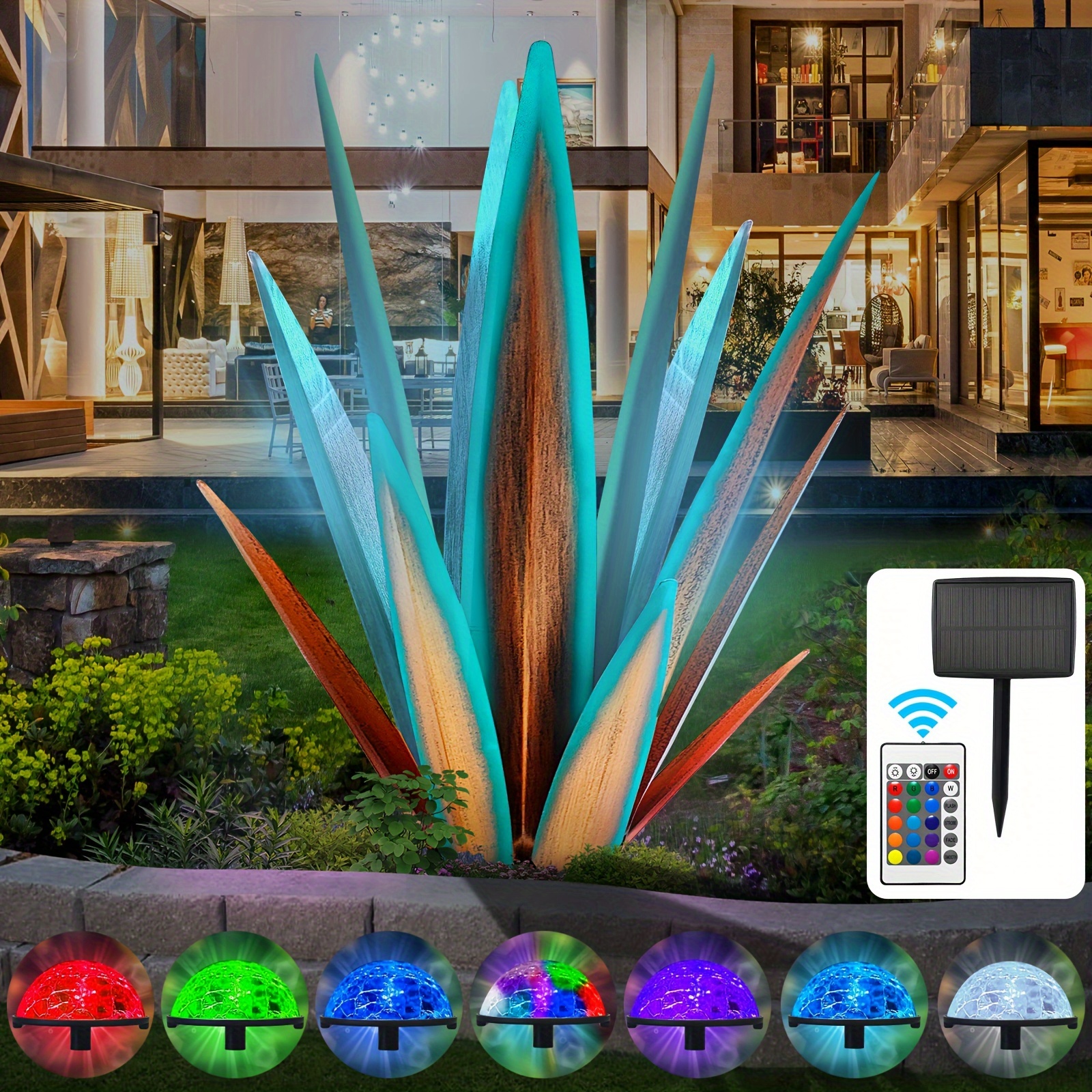 TEMU 26-inch Rustic Agave Metal Sculpture, Hand-painted Garden And Courtyard Statue With Remote Control, Solar-powered Lawn Decoration
