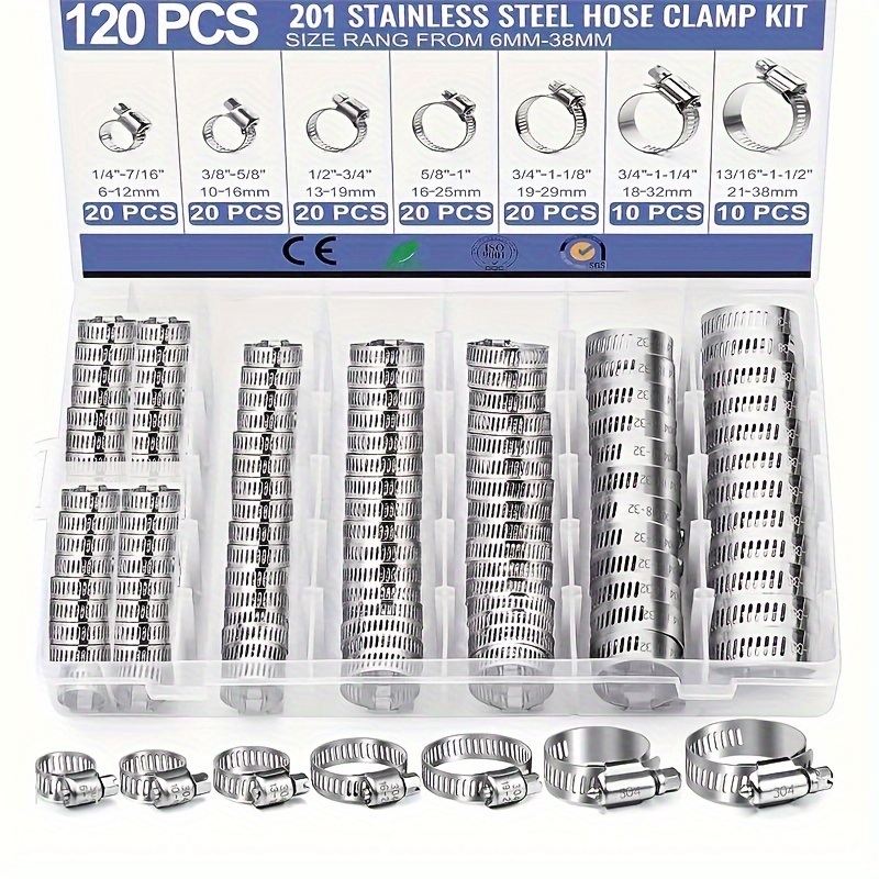 

120pcs Stainless Steel Hose Clamps Kit - Heavy-duty , Rustproof & Adjustable For Plumbing, Automotive, Garden & Mechanical Use, Sizes 1/4" To 1-1/2