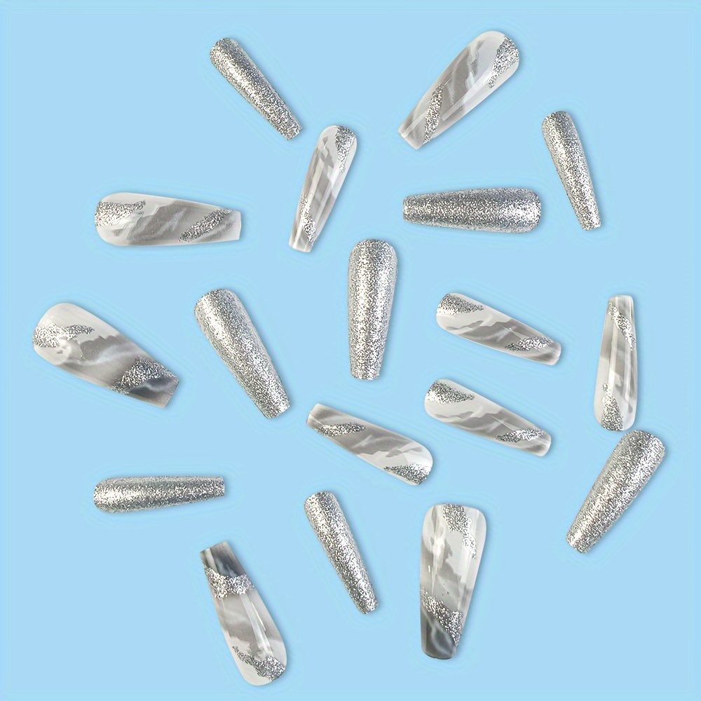 Bling Art Kunstnägel Grau Perlmutt | Ballerina Coffin Lang | 24 Nägel Mit Kleber & Zubehör | Salonqualität Für Zuhause
