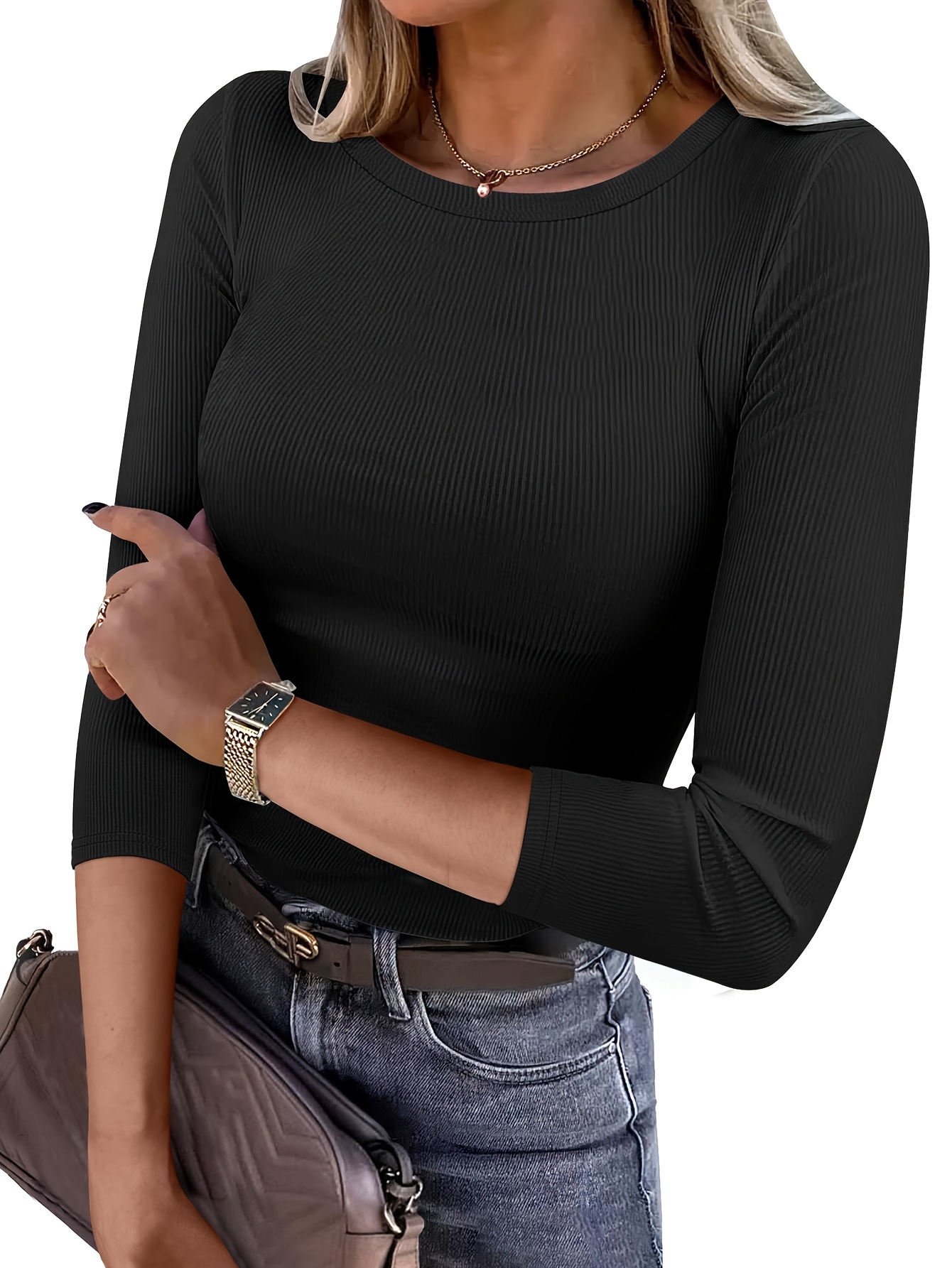 Women'S Fashion Casual 3/4 Sleeve Top Ribbed Slim Fit Basic Shirt Comfortable Crew Neck Three Quarter Sleeve Pullover