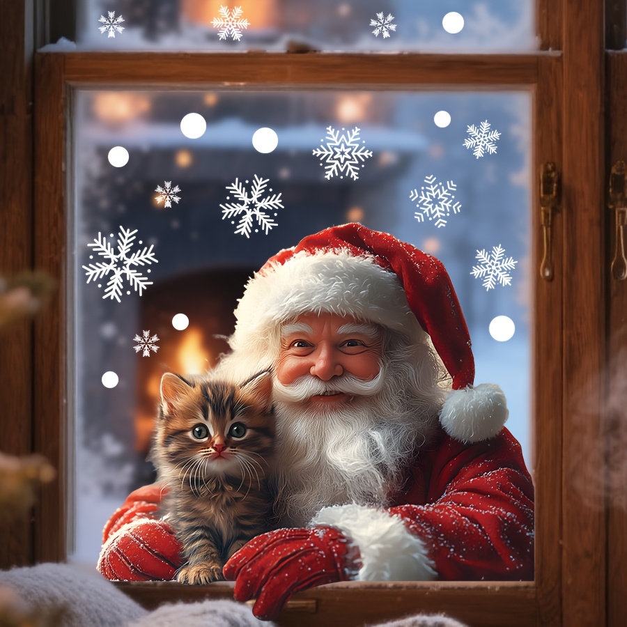 BRUP Kerstman Kat Sneeuwvlok Statische Raamstickers - Rood & Wit PVC Herbruikbare Decals - Geen Residu voor Deuren, Spiegels