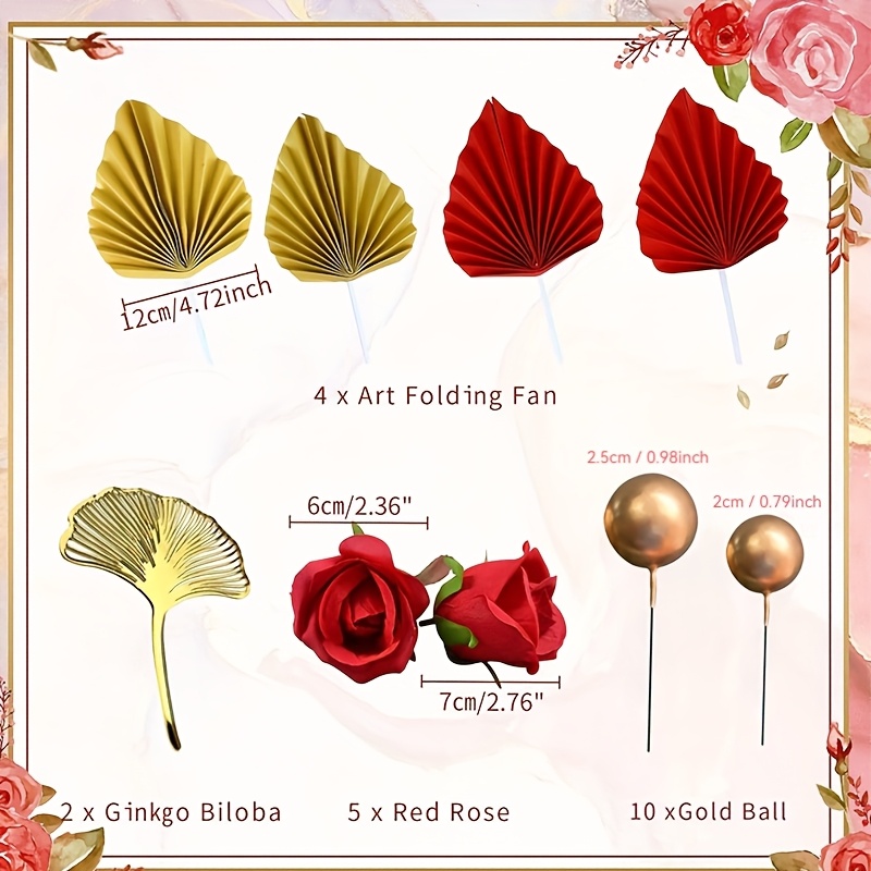 TEMU 21pcs Of Red Rose Cake Decorations - Birthday Cake Decoration - Ginkgo And Palm Leaves - Suitable For Weddings, Birthdays, Engagements, And
