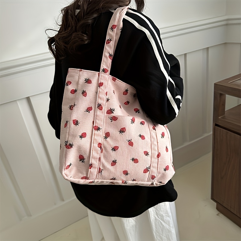 

Large Capacity Canvas Tote Bag For Women, Cute Strawberry Pattern, Shoulder School Handbag, Fashionable Shopping Carrier
